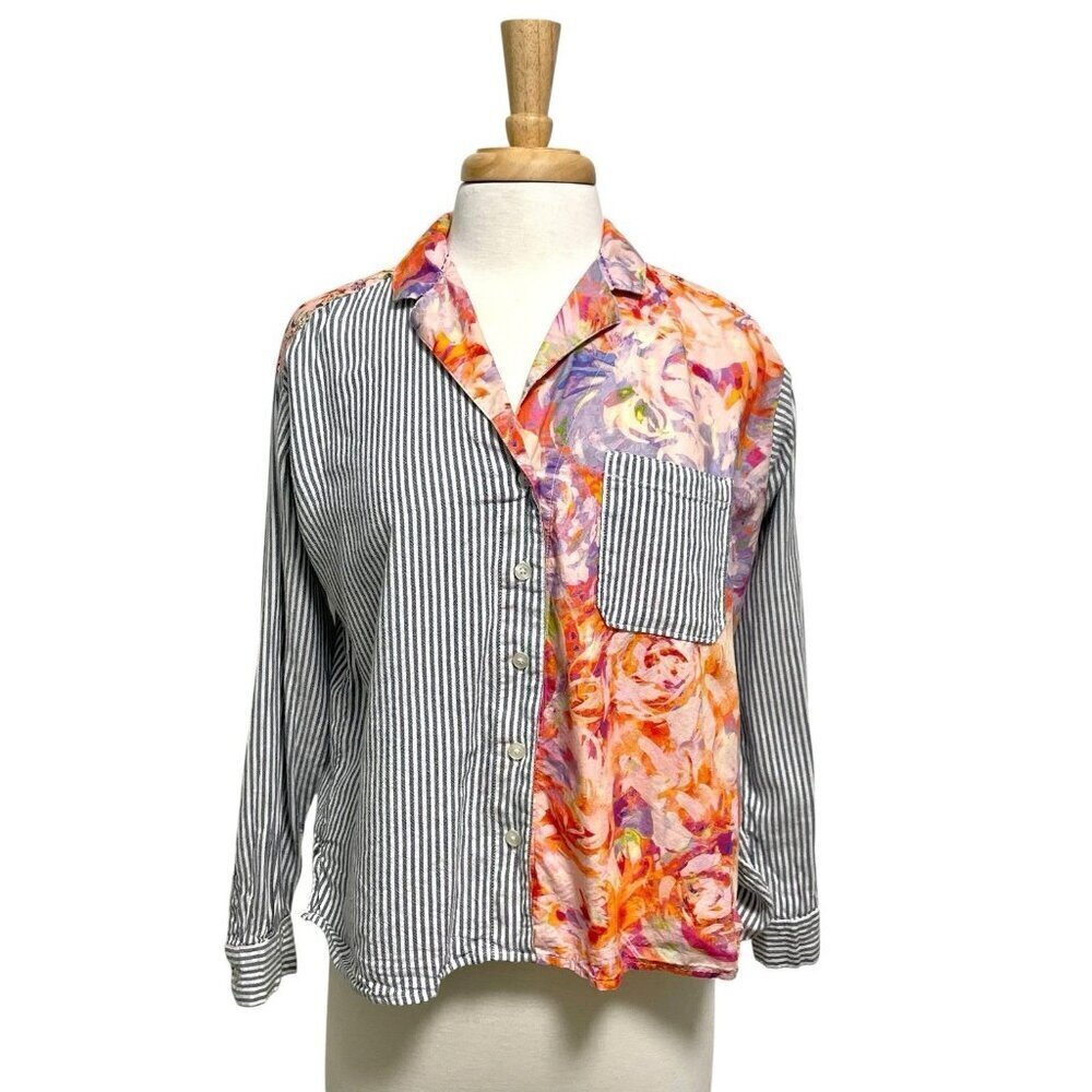 Anthropologie Boho Mixed Floral Stripe Button Front Shirt Relaxed size 0